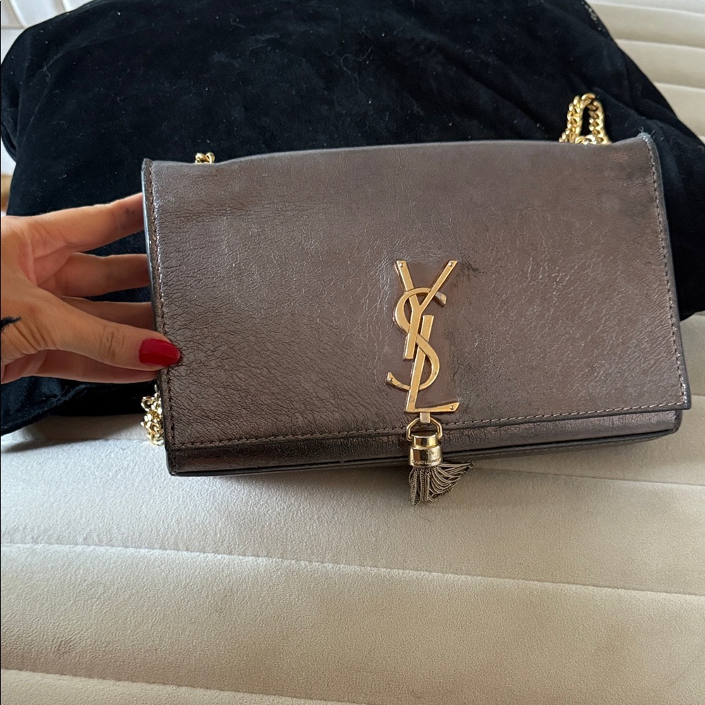 Saint Laurent Metallic Gunmetal Leather YSL Chain Crossbody - Picture 6 of 6